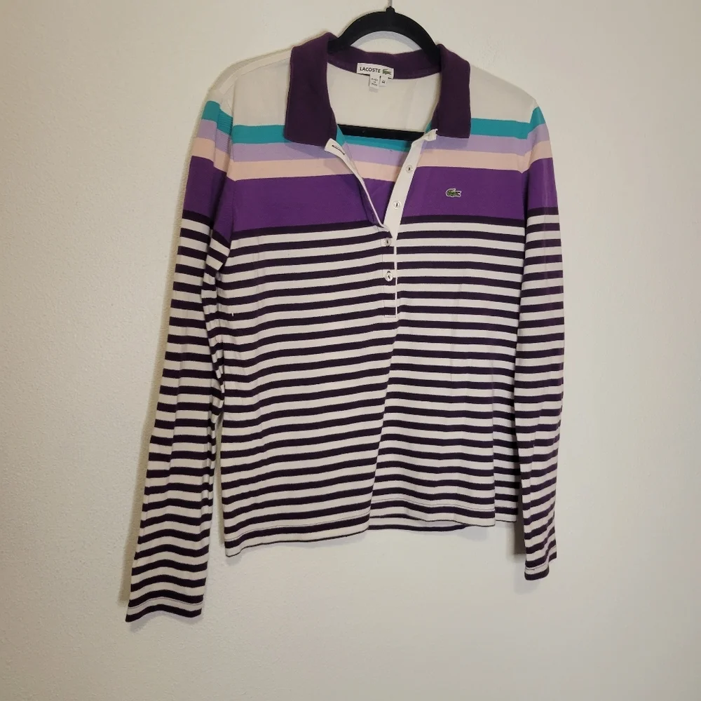 Lacoste size L  purple stripes long sleeves polo top